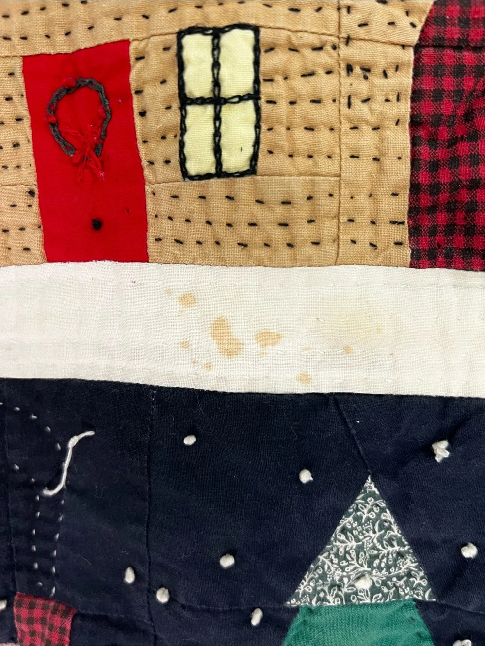 Hand Sewn Country Cabin Holiday Throw Quilt in Green, Red, Cream